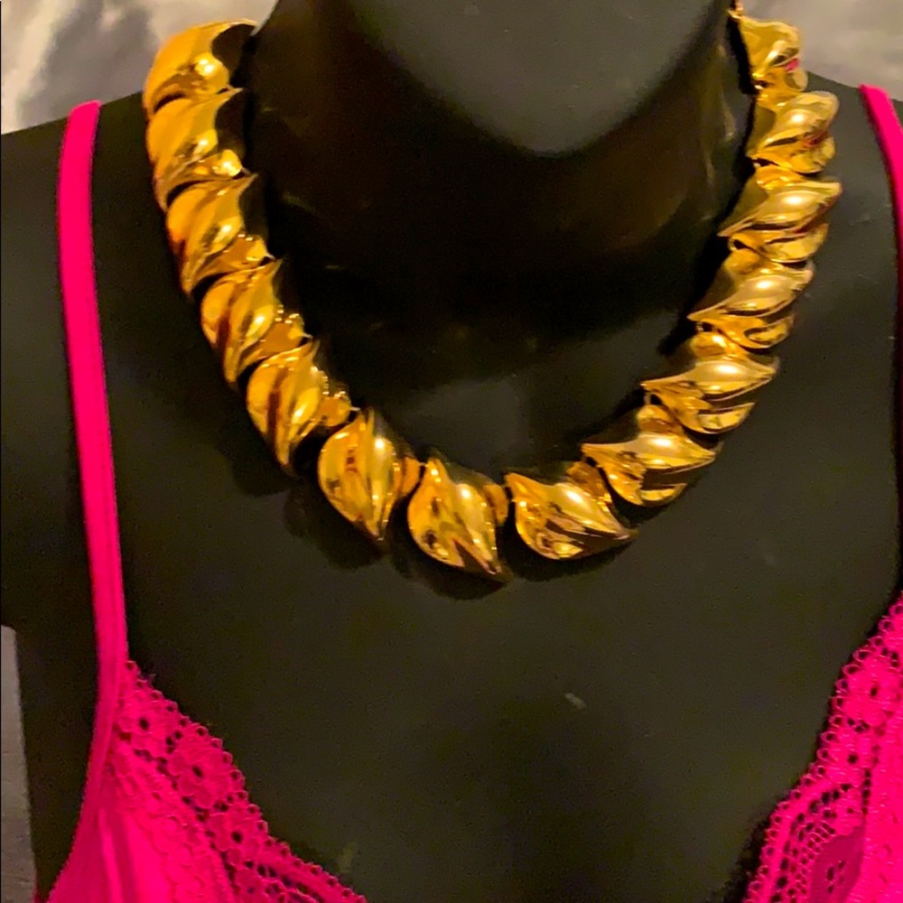 Statement necklace,gold tone leafy metal pattern